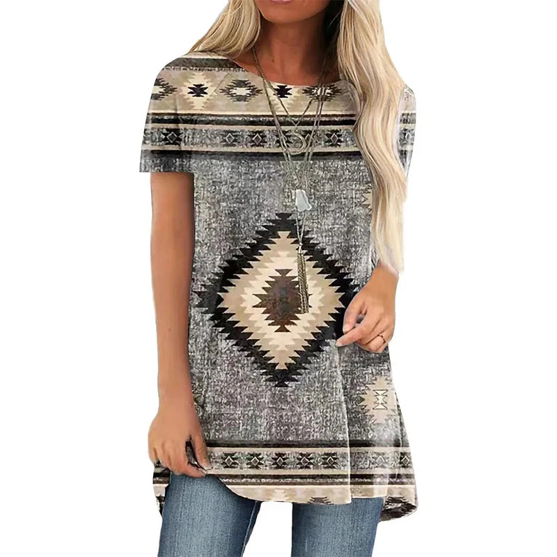 Western Ethnic Style T-shirt 3D Print Geometry Streetwear Women Retro Tunic T Shirts Y2K Tops Tees Woman Girl Oversized Clothing