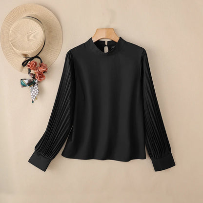 ZANZEA Women's Elegant Chic Blouses Mock Neck Pleated Long Puff Sleeves Solid Color Tops 2026 Minimalist Casual Woman Clothes