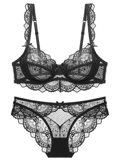 Sexy Lace Ultra Thin Transparent Bra and Panties Set Underwear Set Lingerie Women Brassieres A B C D E Cup 95C 95D