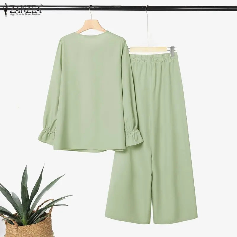 2026 ZANZEA Fashion Women Muslim 2 Piece Sets Casual O Neck Long Sleeve Tops Trousers Suit Ramadan Outfits Solid Color Tracksuit