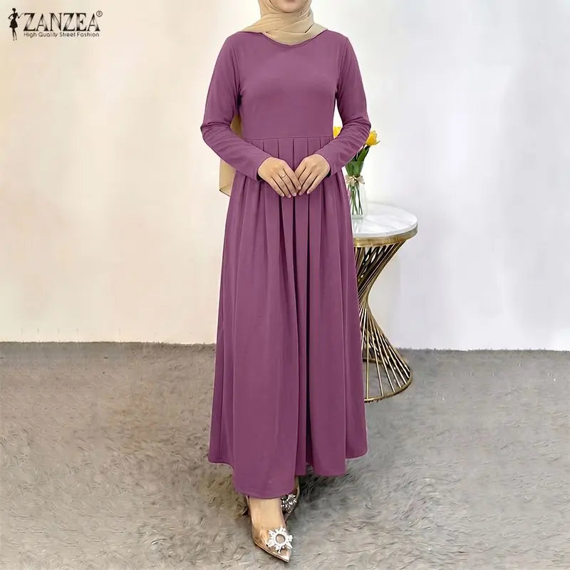 Elegant Muslim Dress Abaya ZANZEA Ramadan Robe Women Casual O Neck Long Sleeve Pleated Dresses Solid Color Baggy Sundress Kaftan