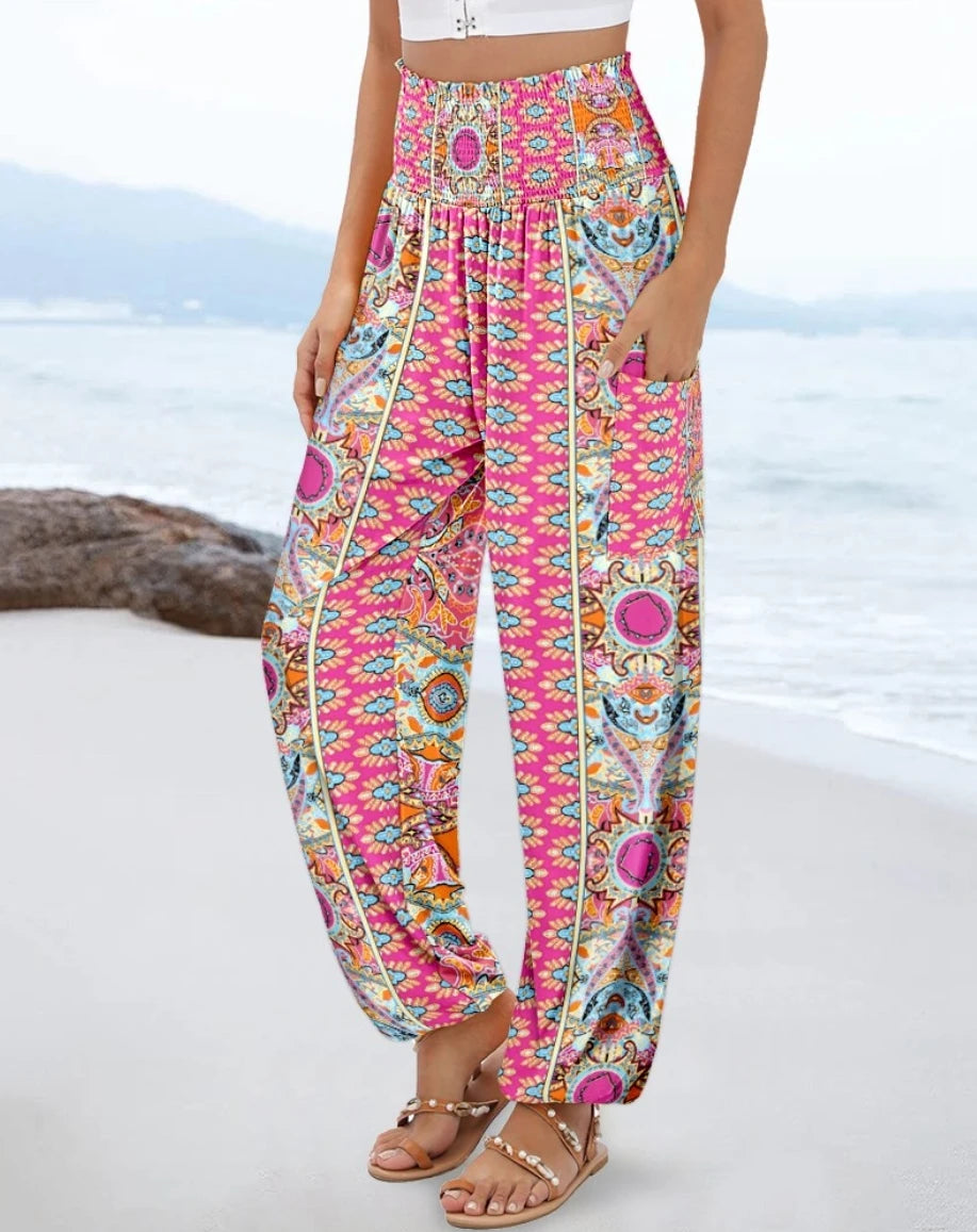 Women's High Waist Boho Print Loose Fit Palazzo Pants with Geometric Floral Pattern and Side Pockets for Summer Beach Vacation