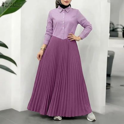 ZANZEA Women Patchwork Muslim Abaya Maxi Long Dress Elegant Casual Long Sleeve Pleated Sundress Loose Kaftan Ramadan Robe Femme