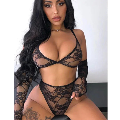 Women's Lingerie Set Sexy Lace Underwear See Through Bikini Erotic Bra for Ladies Low-waisted Thong Solid Color Erotic Lingerie