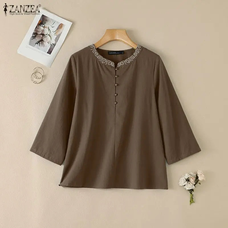 Women Blouse 3/4 Sleeve ZANZEA Cotton Tops O Neck Casual Tunic Summer Autumn Tee Blusas OL Work Party Streetwear Oversize
