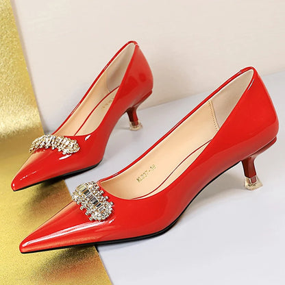 BIGTREE Shoes 4.5 CM Rhinestone Metal Decoration Kitten High Heels Patent Leather Women Pumps Stilettos Lady Shoes Plus Size 43