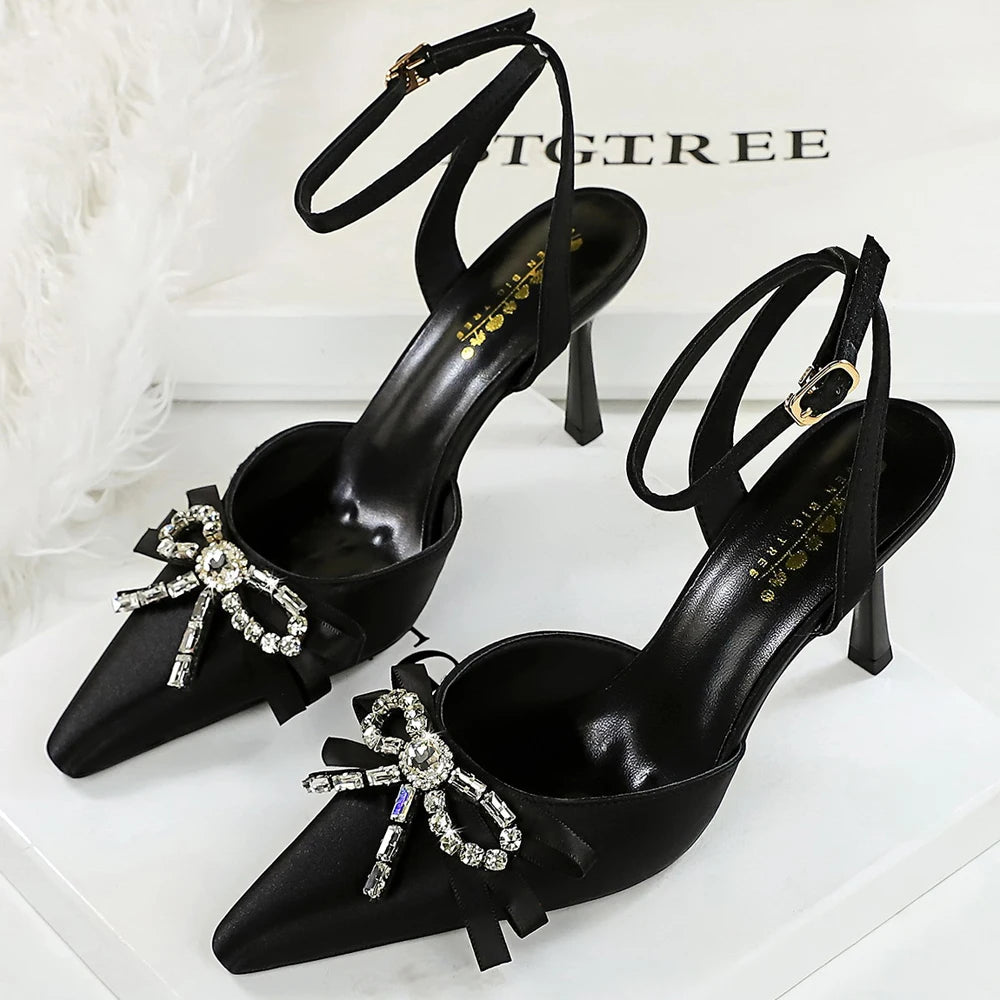 BIGTREE Shoes High-Heeled Sandals Women Shoes Summer Rhinestone Bowknot Women Pumps Silk Pointed Stiletto Heels 8 cm Sandals