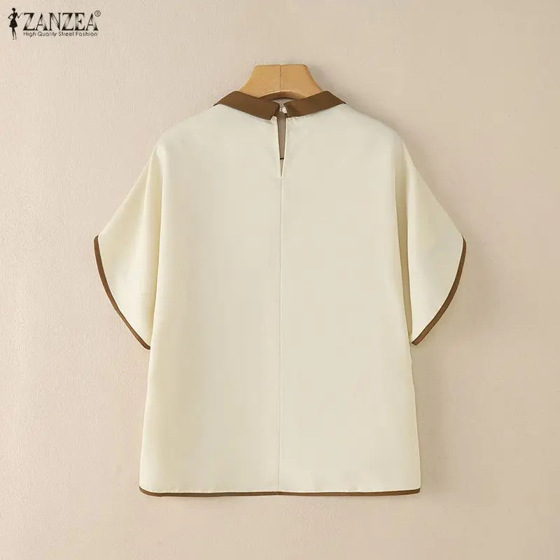 ZANZEA Woman Casual Chic Pleated High-Low Blouses Peter-Pan Collar Half Sleeves Contrast-Color Tops 2026 Summer Blusas de Mujer