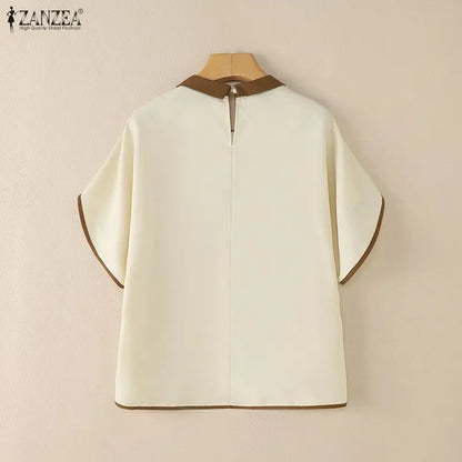 ZANZEA Woman Casual Chic Pleated High-Low Blouses Peter-Pan Collar Half Sleeves Contrast-Color Tops 2026 Summer Blusas de Mujer