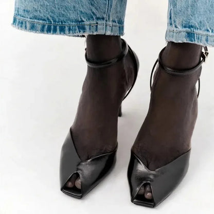 Cozy Black Soft Leather Peep Toe High Heel Sandals Women Fashion Ankle Buckle Designer Shoes Elegant Banquet Brand Dress Shoes