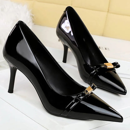 BIGTREE Shoes Patent Leather Women Pumps Bowknot Design High Heels Occupation OL Office Shoes Stiletto Heels 6 cm Party Shoes