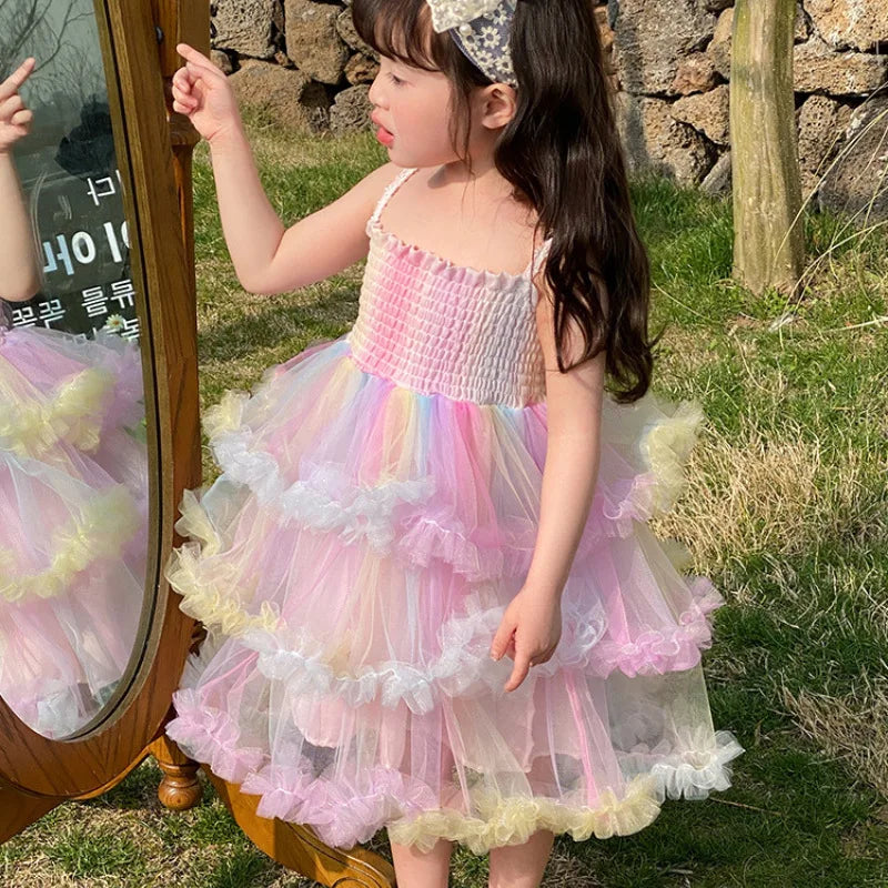 Girl's Rainbow Sling Princess Dress Western Style New Summer Baby GirltutuBirthday Cake Tulle Tutu Dress