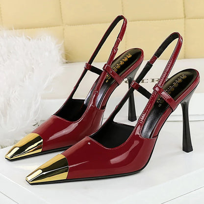 BIGTREE Shoes Metal Pointed Tip Women Pumps Patent Leather High Heels Rear Empty Rear Strap Women Sandals Summer Shoes Stilettos