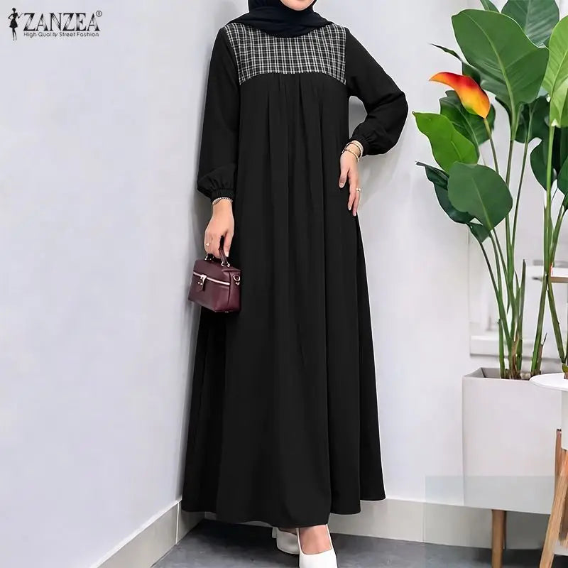 ZANZEA Elegant Muslim Abaya Dress Women Long Sleeve Plaid Patchwork Maxi Robe A-Line Loose Eid Modest Dresses Casual Kaftan 2026