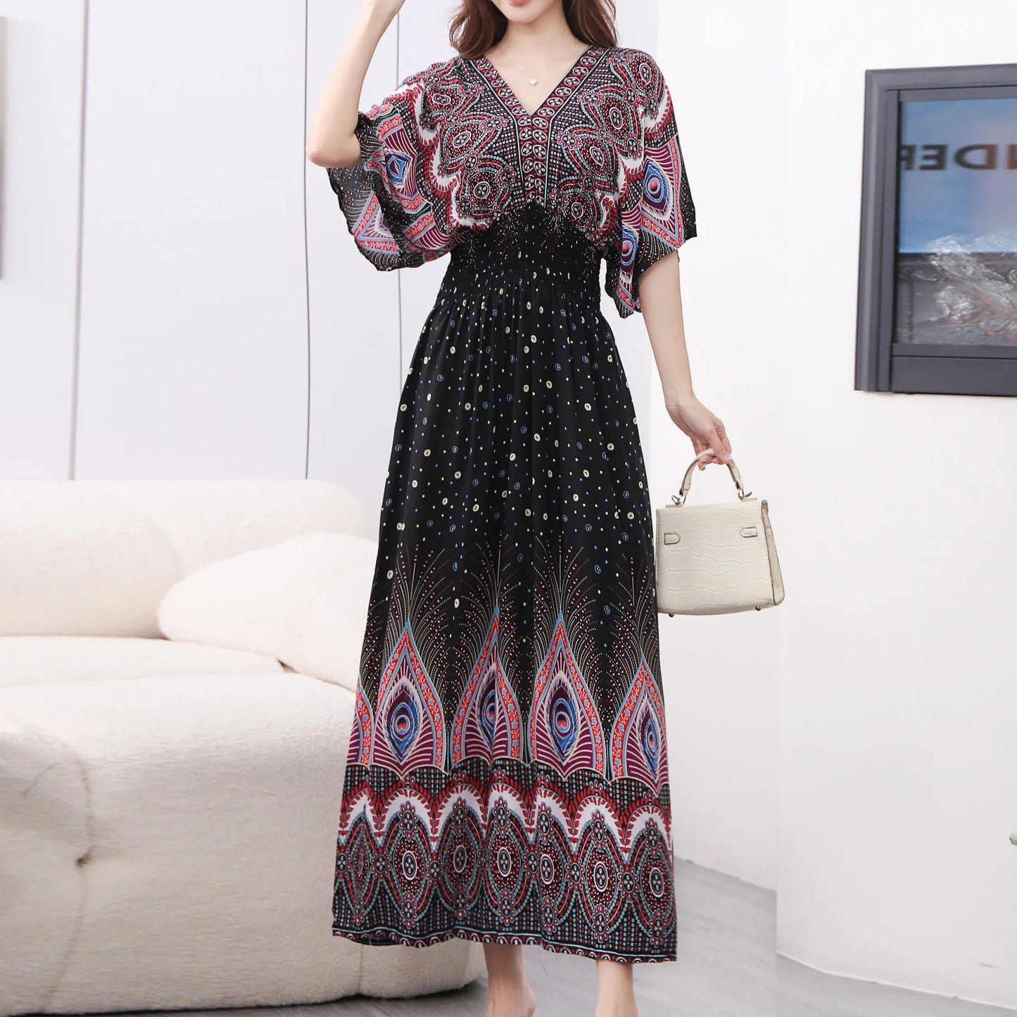 Casual Elegant Retro Bohemian National Style V-neck Elastic  Waist Large Swing Printed Summer Long Skirt Woman Dress Clothes