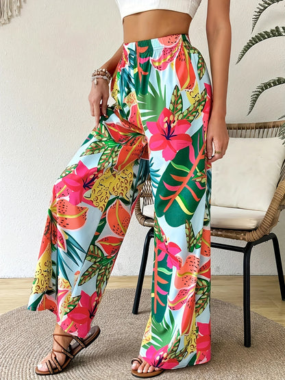 Women's Floral Tropical Wide Leg Pants Casual Comfortable Loose Fit Vacation Wear with Elastic Waist 2026