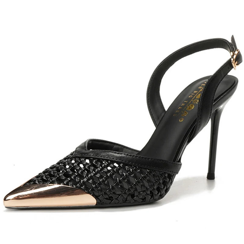 BIGTREE Fashion Hollow Woven Slim Heel Sandals Women Shoes Summer Advanced Metal Pointed High Heels Women Pumps Stiletto 8.5 cm