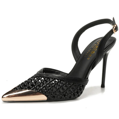 BIGTREE Fashion Hollow Woven Slim Heel Sandals Women Shoes Summer Advanced Metal Pointed High Heels Women Pumps Stiletto 8.5 cm