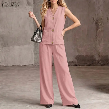 ZANZEA Fashion Women 2 Pieces Sets V Neck Buttons -Up Tanks Tops Trousers Suit Summer 2PCS Outfits Elegant OL Work Pant Sets