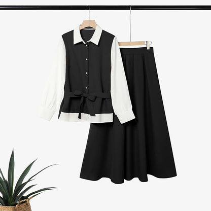 ZANZEA Autumn Outfits Elegant Long Sleeve Patchwork Blouse A Line Pleated Maxi Skirt Suit Women Muslim Two Piece Sets Ramadan