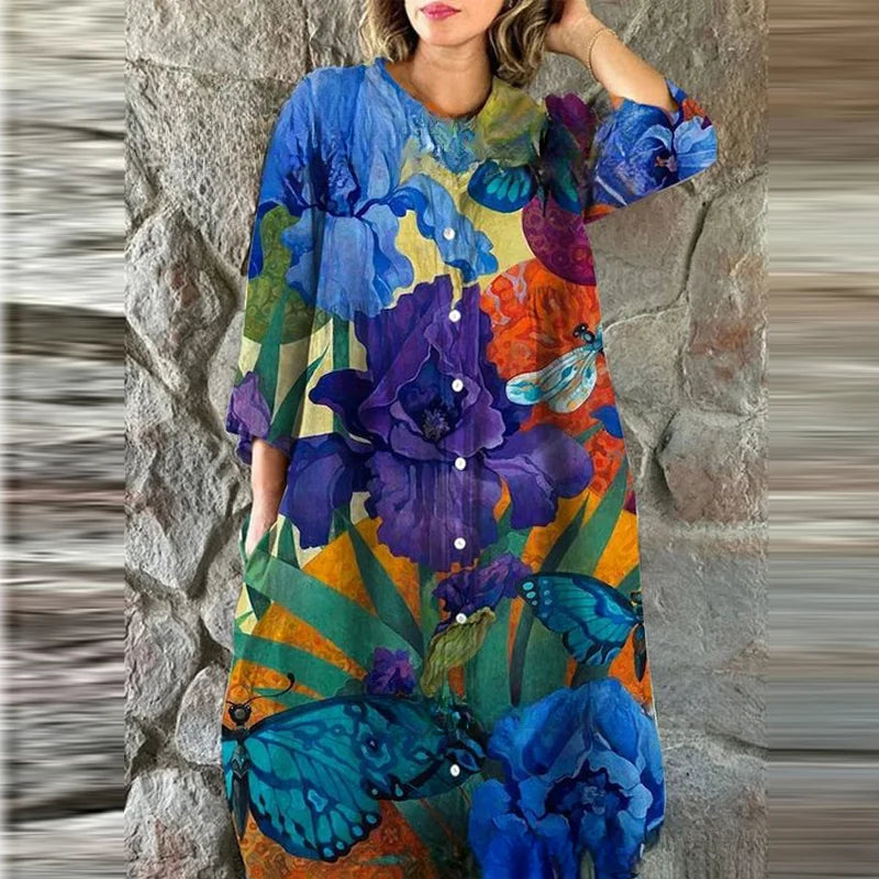 Bohemian Loose Single Breasted Dress Women's Casual O-neck Pocket Commuting Dress Spring Summer Floral Print Long Sleeved Dress