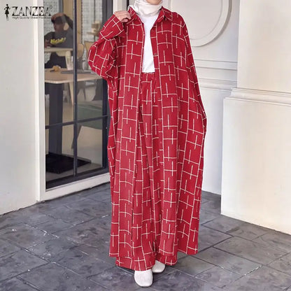 ZANZEA Muslim Sets Fashion Long Sleeve Long Tops Wide Leg Pants Autumn Pants Sets Blusas 2PCS Oversize Two-piece Outfits