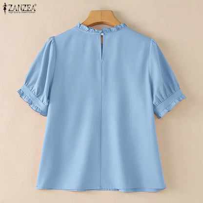 ZANZEA 2026 Woman Elegant Pintuck Blouses Ruffled Trim O-Neck Half Puff Sleeves Solid Tops Summer Daily Casual Work Blusas Mujer