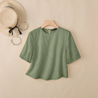 ZANZEA Woman Openwork Embrodiered Blouses Casual O-Neck Short Puff Sleeve Solid Color Tops 2026 Summer Patchwork Blusas de Mujer