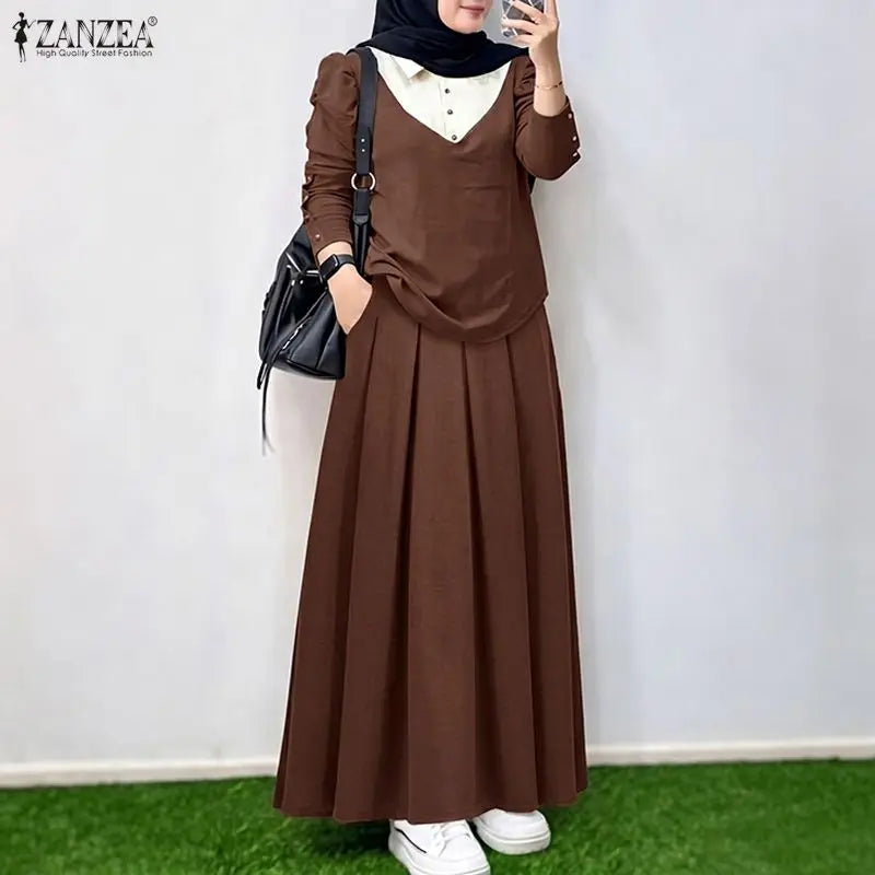 ZANZEA Summer Autumn Women Dress Sets Fashion Long Sleeve Tops Long Skirts Two-piece Outfits Muslim Dress Sets 2PCS Loose Kaftan