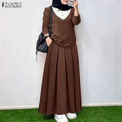 ZANZEA Summer Autumn Women Dress Sets Fashion Long Sleeve Tops Long Skirts Two-piece Outfits Muslim Dress Sets 2PCS Loose Kaftan