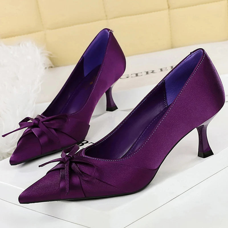 BIGTREE Shoes Silks Satins Women Pumps Bowknot Kitten High Heels Pointed Tip Women Heels Stiletto 6 CM Sexy Party Shoes Pumps