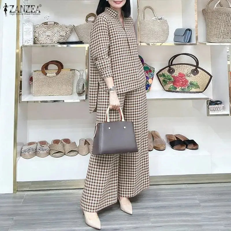 ZANZEA Women's Gingham Pant Suits Collared Long Sleeve High-Low Blouse & Wide Leg Pant 2 Pieces Sets Streetwear Casual Outfits