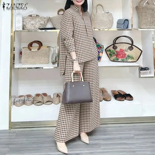 ZANZEA Women's Gingham Pant Suits Collared Long Sleeve High-Low Blouse & Wide Leg Pant 2 Pieces Sets Streetwear Casual Outfits