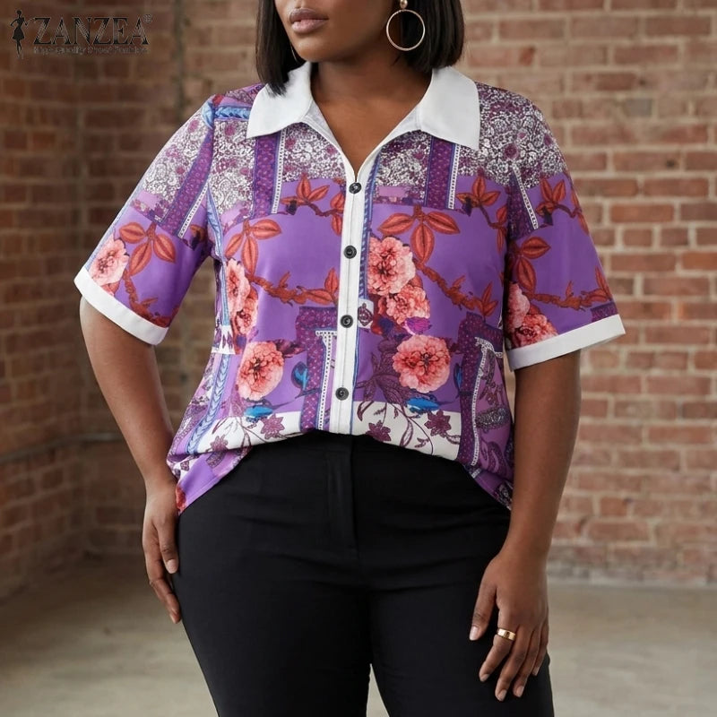 ZANZEA Women Floral Print Pullover Blouses Collared Short Sleeve Decorative Buttons Tops Summer Casual Vacation Blusas Mujer