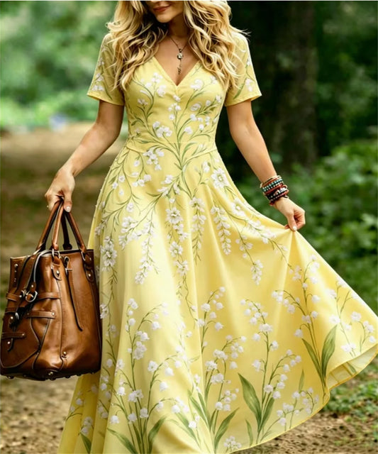 Ladies' Summer New Elegant Bell shaped Orchid Printed Women's Casual Dress, Comfortable Retro Dress with V-neck Short Sleeve