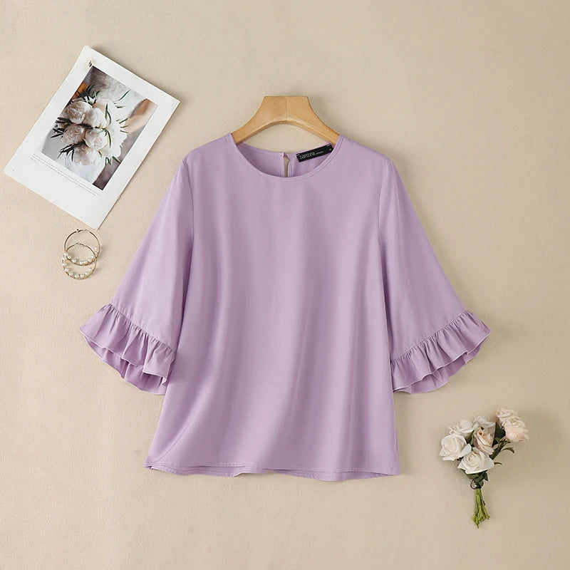 ZANZEA Women's Elegant Blouses 3/4 Flared Sleeve O-Neck Pullover Tops Summer Minimalist Casual Solid Color Blusas de Mujer