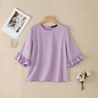 ZANZEA Women's Elegant Blouses 3/4 Flared Sleeve O-Neck Pullover Tops Summer Minimalist Casual Solid Color Blusas de Mujer