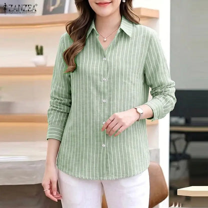 ZANZEA Women Loose Long Sleeve Shirts Striped Turn-Down Collar Button Up Oversized Tops 2026 Autumn Commute Work Camisas Mujer