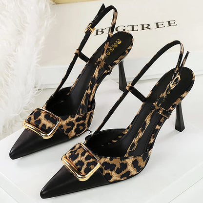 BIGTREE Shoes Women Pumps Metal Decoration High Heels Stilettos 8 Cm Leopard Women Heels Sexy Party Shoe Hollow Out Heel Sandals