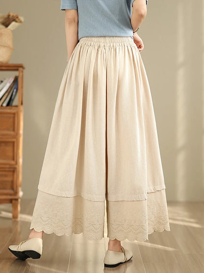 Spring Summer Lace Splicing  Color Wide Leg Pants Elastic Waist Casual Trousers Nine Points Pants Loose Fit Ladies Jeans