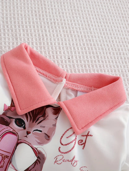 2pcs Cat Pattern Long Sleeve Polo Shirt And Pleated Skirt Set for Baby Girls Casual Comfortable Outfit for Autumn Winter