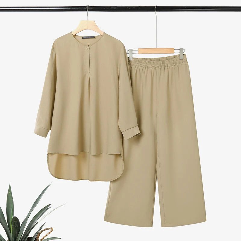ZANZEA Women 2026 Spring Matching Sets Fahion Long Sleeve Tops Pant Sets Muslim Ramadan Outfits Elegant Solid OL Work Tracksuit