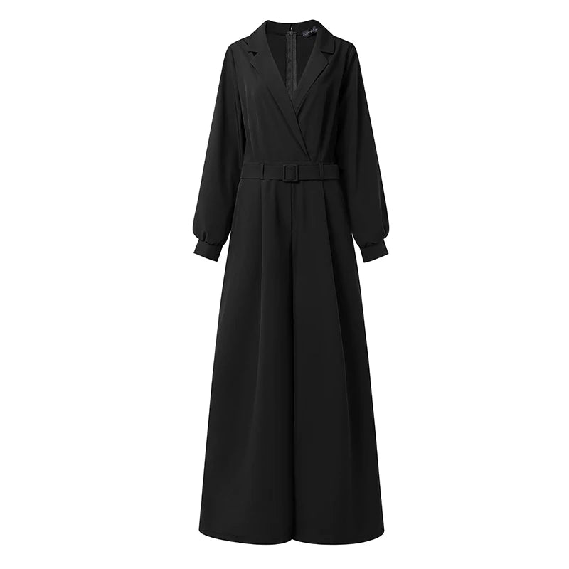 ZANZEA Women's Minimalist Jumpsuits Summer Lapel Neck Long Sleeve Belted Wide Leg Pant Overalls Elegant Office Work Playsuits