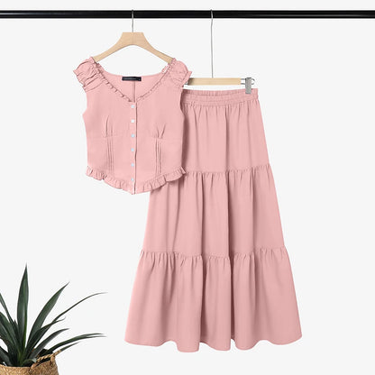 ZANZEA Women's Korean Fashion Skirt Suits Ruffles Trim Sleeveless Top & A-Line Maxi Skirt 2 Piece Sets Casual Elegant Outfits
