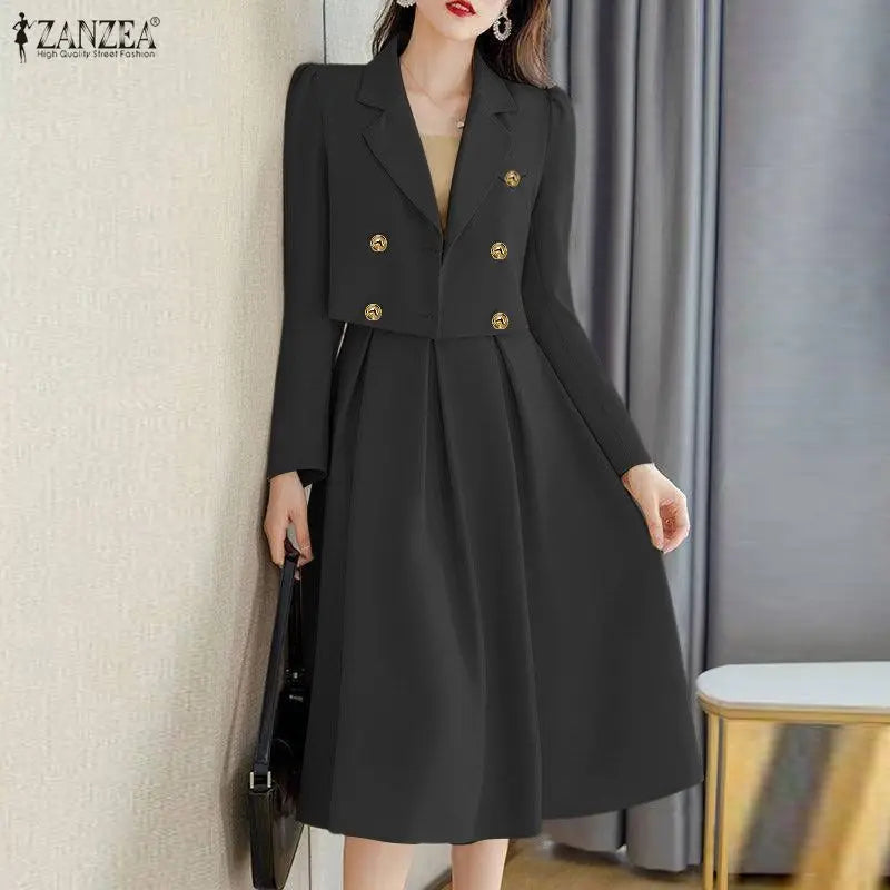 2026 ZANZEA Elegant Women OL Work Dress Sets 2026 Spring Lapel Neck Long Sleeve Shirt Tops Skirt Suit Solid Outfits 2 Piece Sets