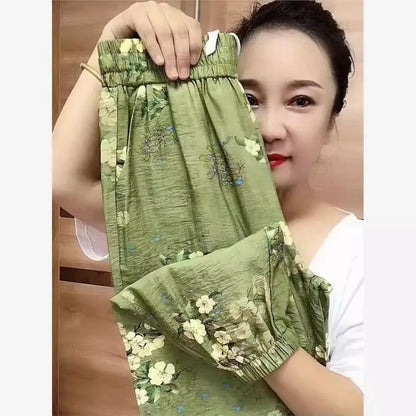 Summer Thin Cotton Linen Floral Casual Pants Women High Waist Nine Points Ice Silk Loose Fit Trousers for plus Size Ladies