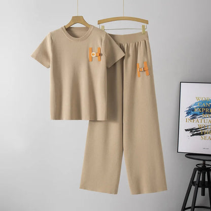 Lazy Fashion Suit Summer New Style Women's Short Sleeved Casual Sports Wide Leg Long Pants Two-piece Set Trendy Pant Sets
