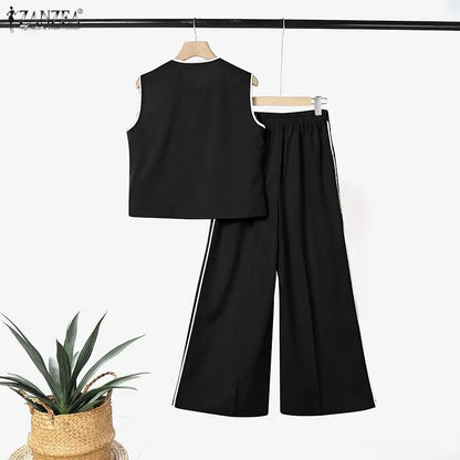 ZANZEA Fashion V Neck Sleeveless Tanks Tops Trousers Suit Summer Women Matching Sets Casual OL Work Pant Sets Holiday Tracksuit