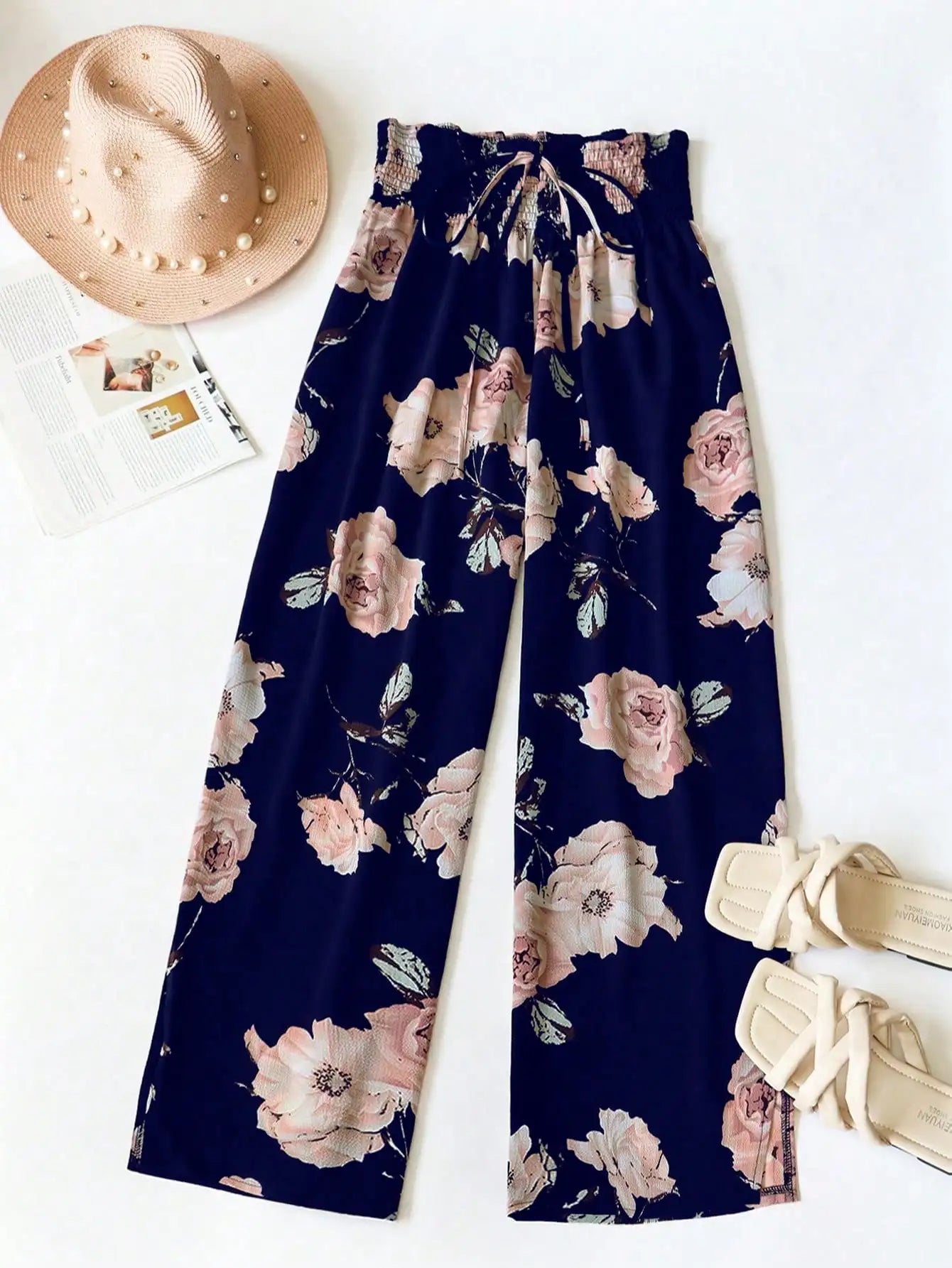 Women's Floral Print Wide Leg Pants, Casual Elastic Waist Drawstring Palazzo Trousers For Ladies