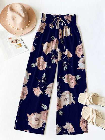 Women's Floral Print Wide Leg Pants, Casual Elastic Waist Drawstring Palazzo Trousers For Ladies